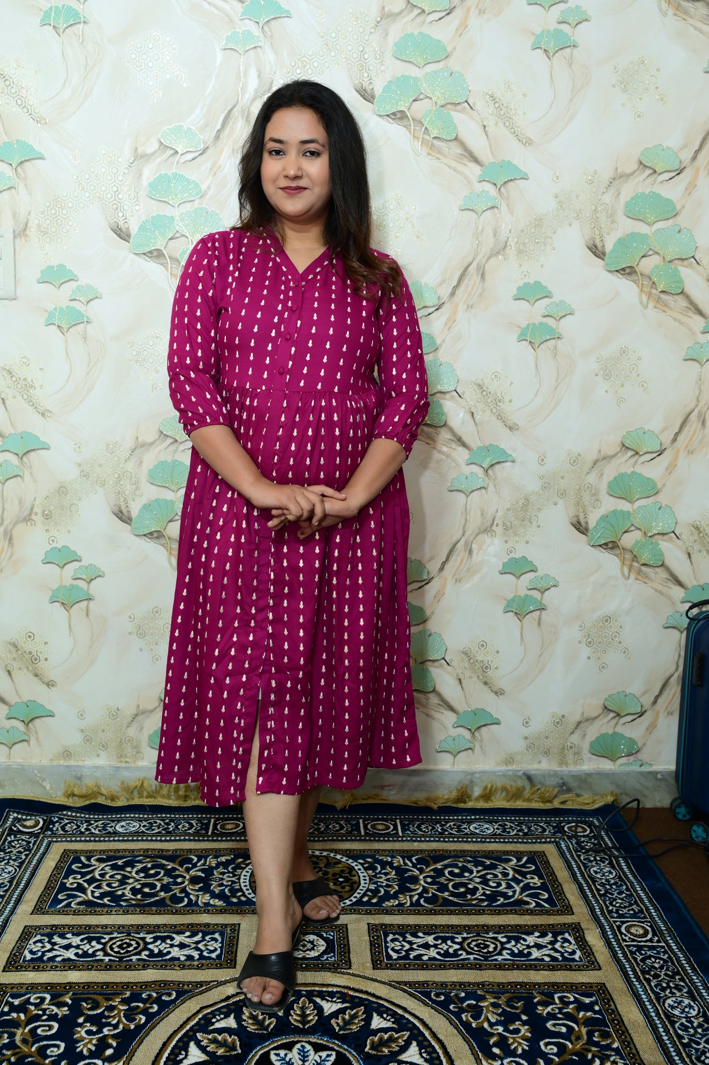 Magenta & Gold Printed Rayon Maternity Feeding Dress