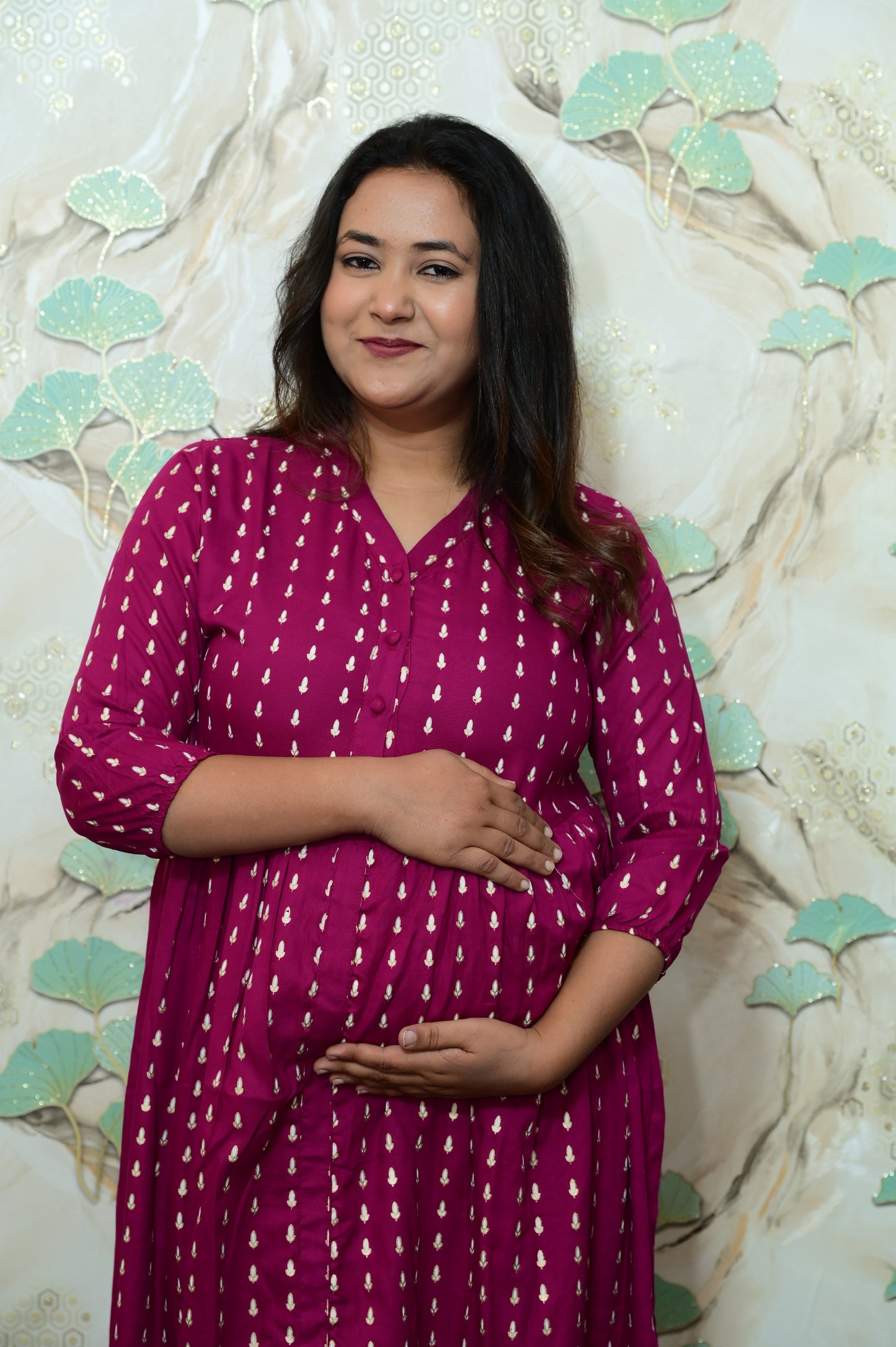 Magenta & Gold Printed Rayon Maternity Feeding Dress