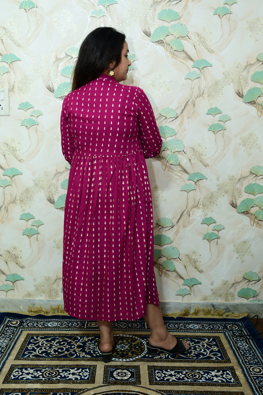 Magenta & Gold Printed Rayon Maternity Feeding Dress