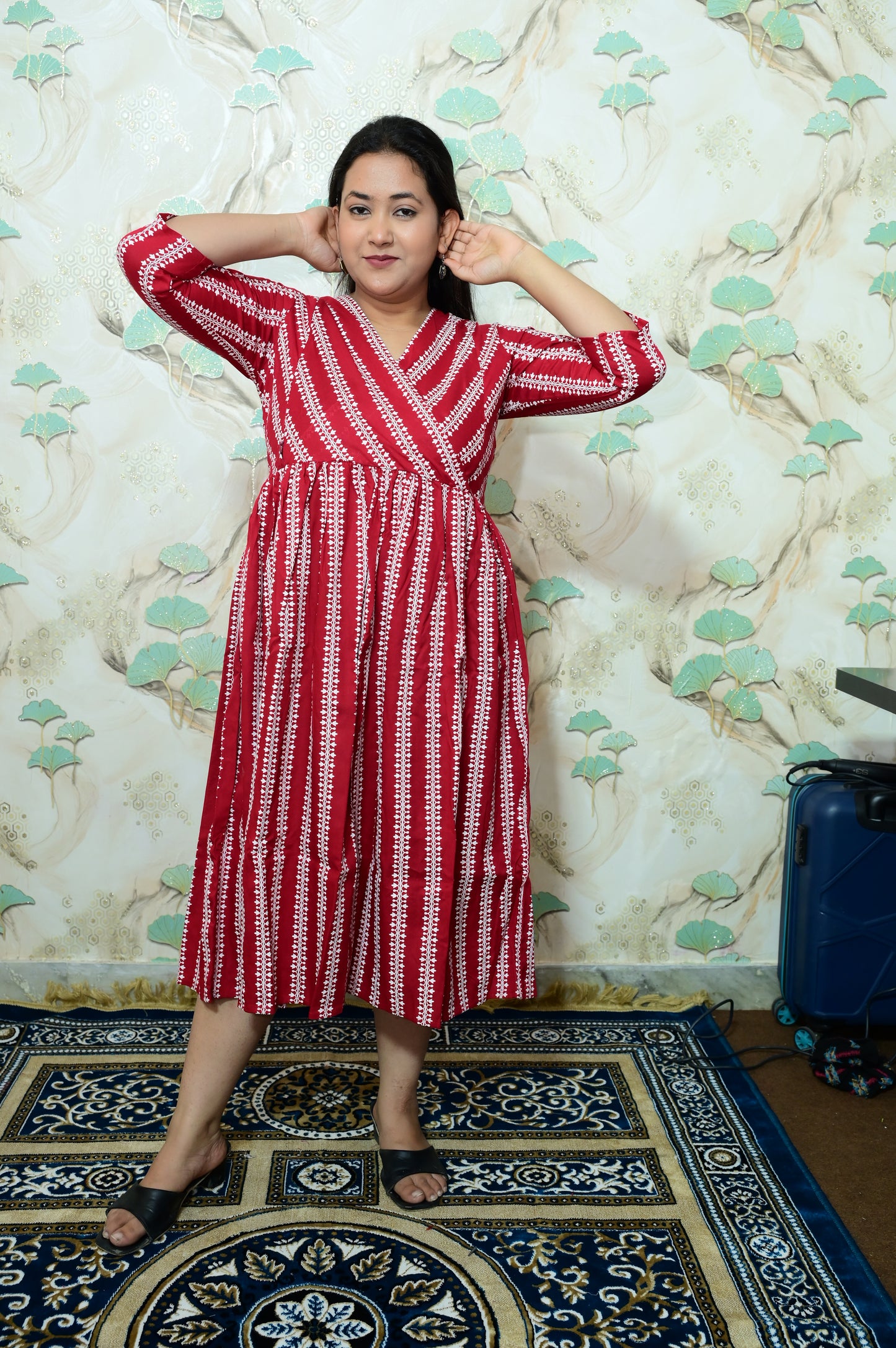 Maroon Geometric Print Rayon Maternity Feeding Dress with Zipper