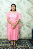 Baby Pink & White Striped Rayon Maternity Feeding Dress with Flutter Sleeves