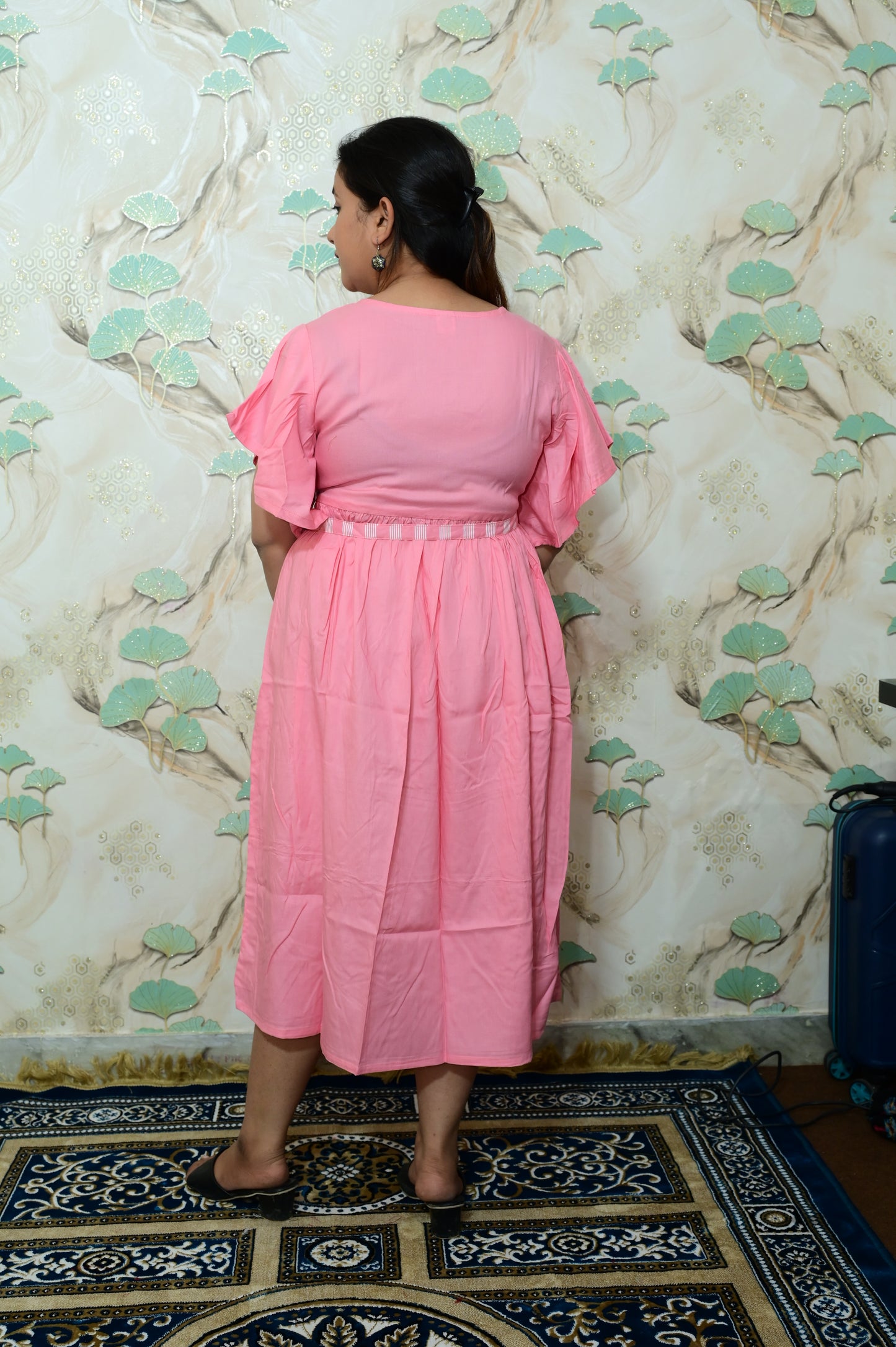 Baby Pink & White Striped Rayon Maternity Feeding Dress with Flutter Sleeves