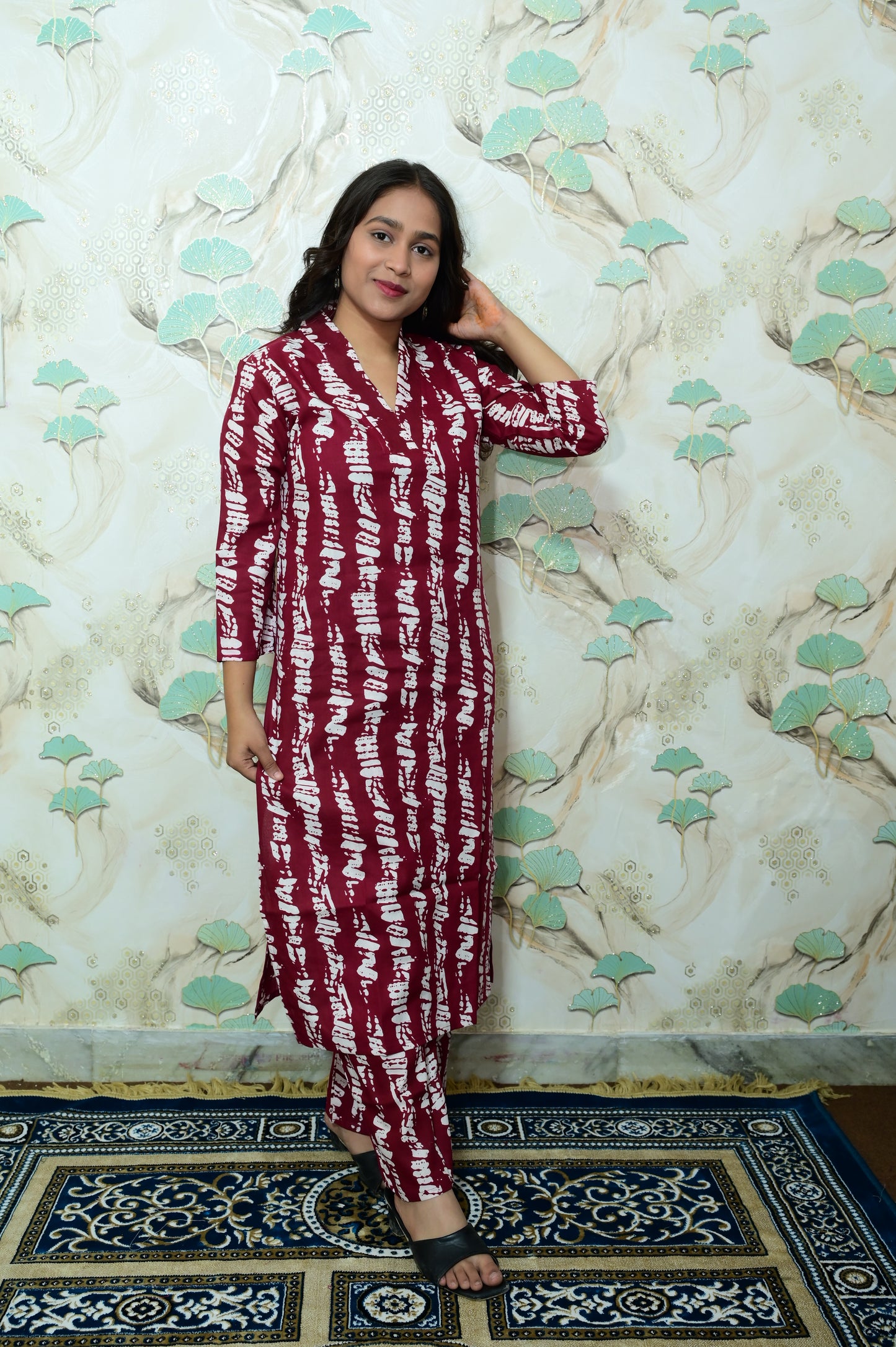 Maroon Wine Shibori Printed Rayon Kurta Pant Set