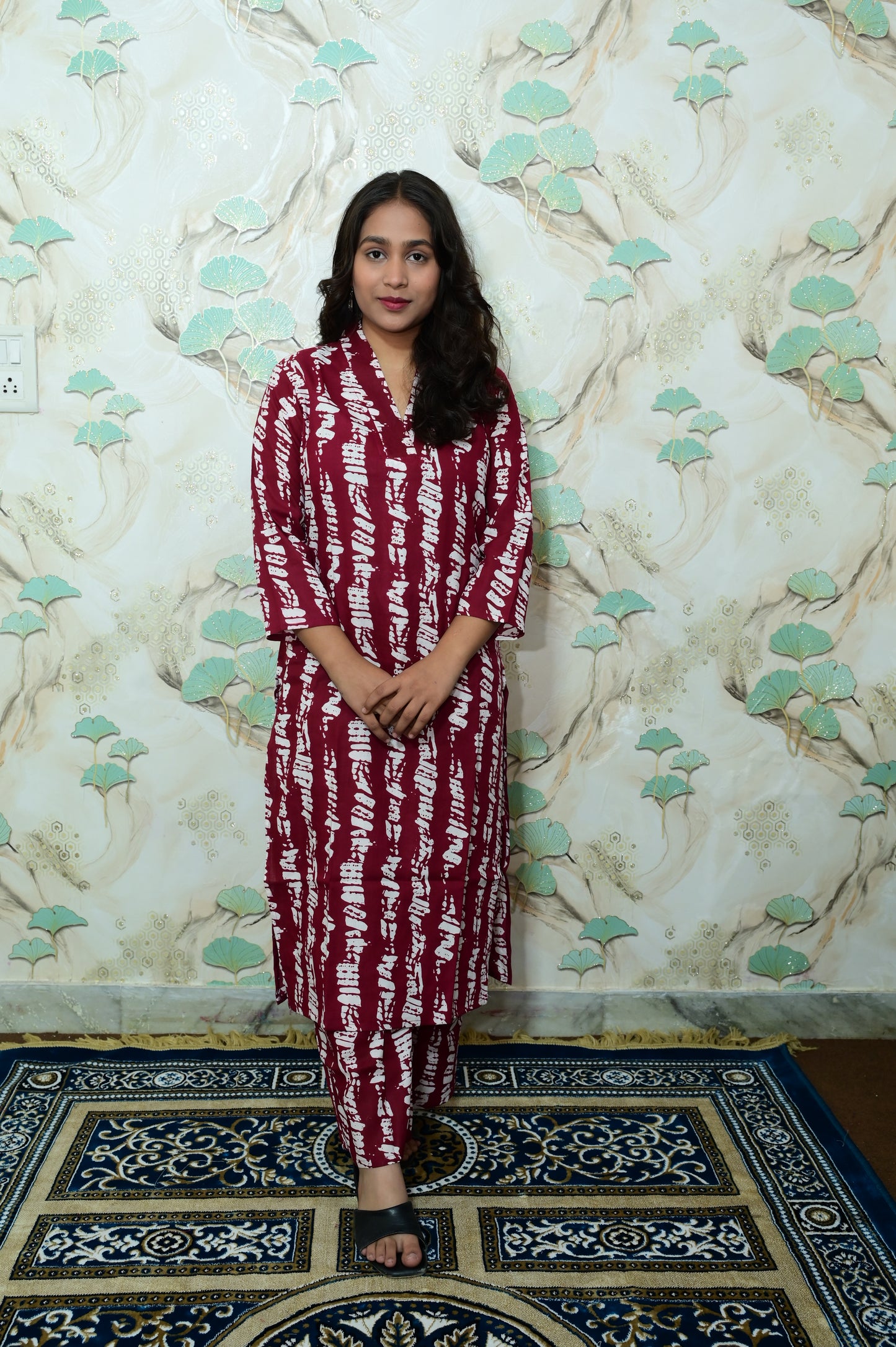 Maroon Wine Shibori Printed Rayon Kurta Pant Set