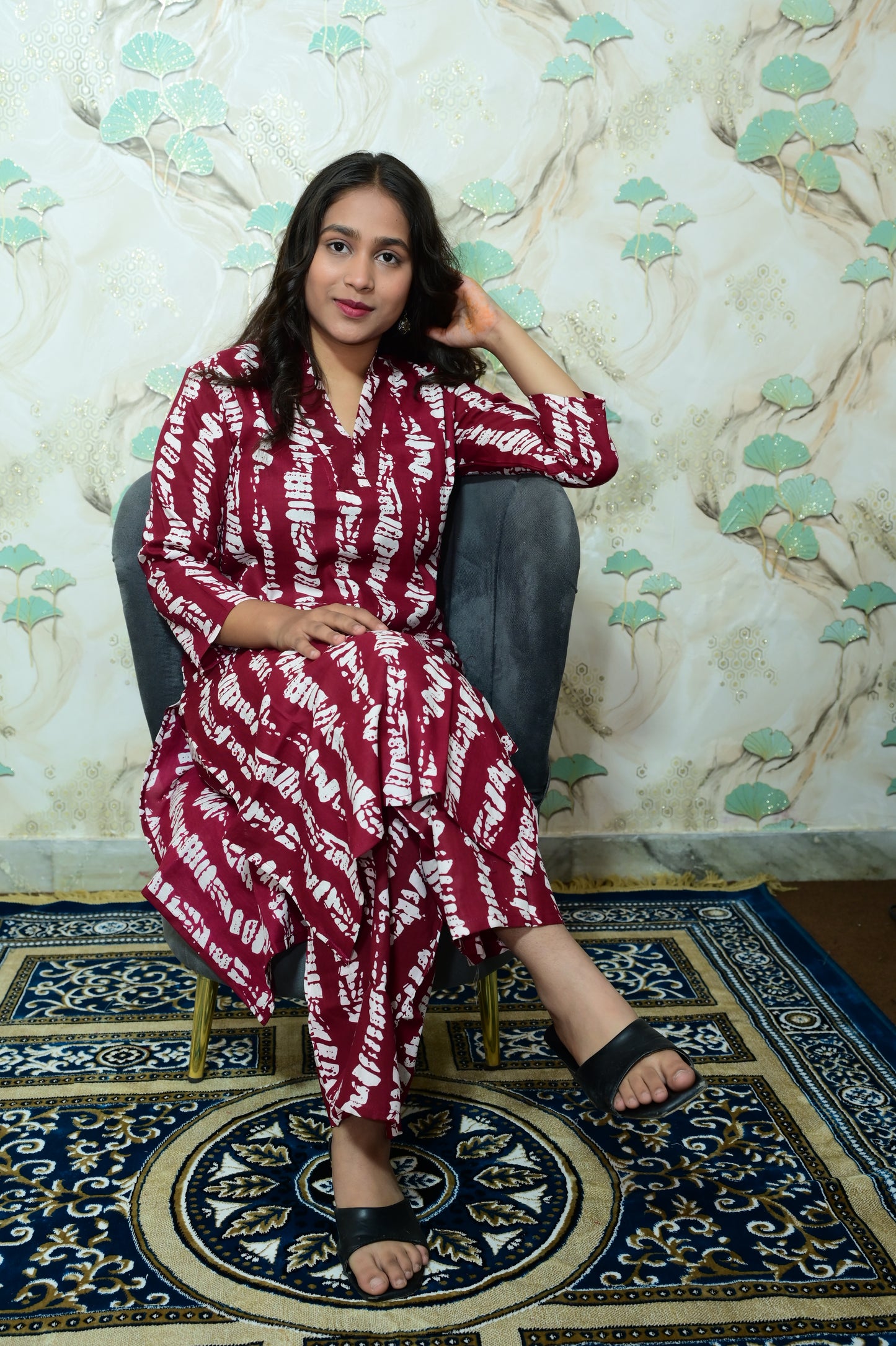 Maroon Wine Shibori Printed Rayon Kurta Pant Set