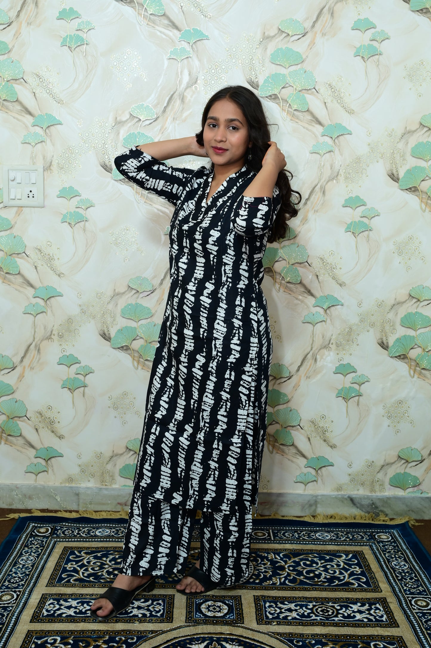 Black & White Shibori Printed Rayon Kurta Pant Set