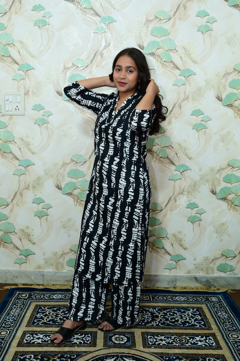 Black & White Shibori Printed Rayon Kurta Pant Set