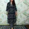 Black Leheriya Print Rayon Kurta Pant Set with Neck Embroidery