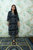 Black Leheriya Print Rayon Kurta Pant Set with Neck Embroidery