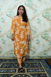 Mustard Yellow Leaf Print Rayon Co-ord Set with Lace Detail