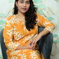 Mustard Yellow Leaf Print Rayon Co-ord Set with Lace Detail