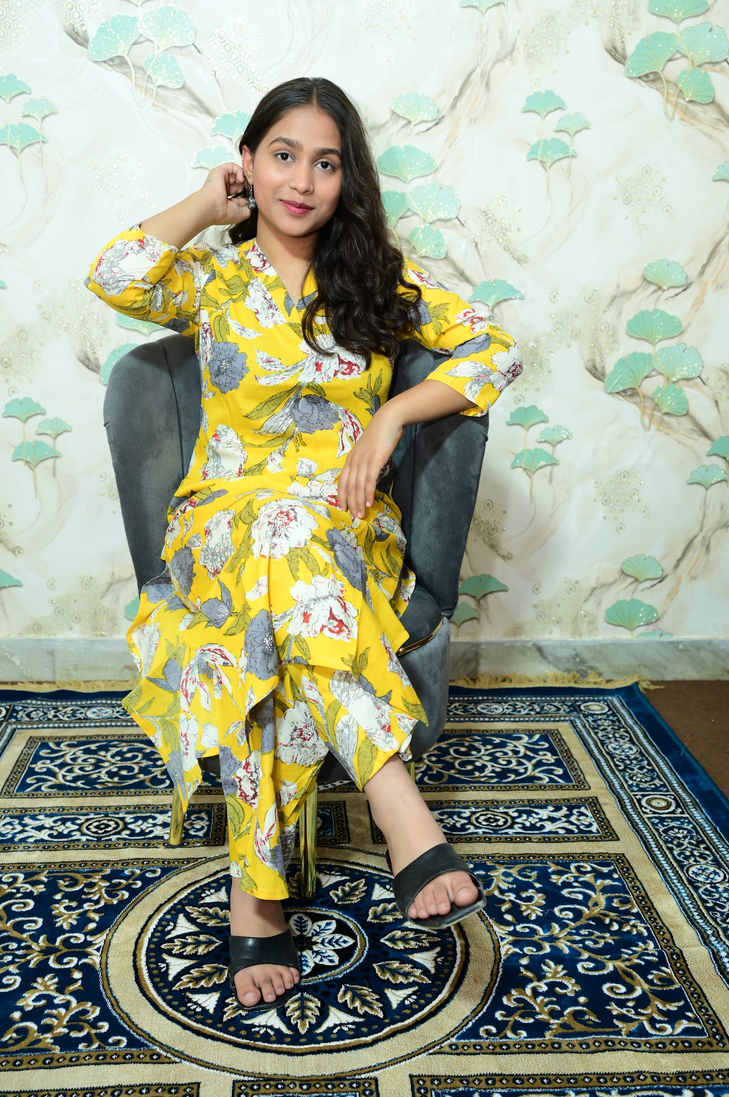 Yellow & Grey Floral Print Rayon Co-Ord Set