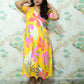 Yellow & Pink Tropical Floral Print Rayon Flared Midi Dress