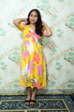 Yellow & Pink Tropical Floral Print Rayon Flared Midi Dress