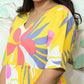 Yellow & Pink Tropical Floral Print Rayon Flared Midi Dress