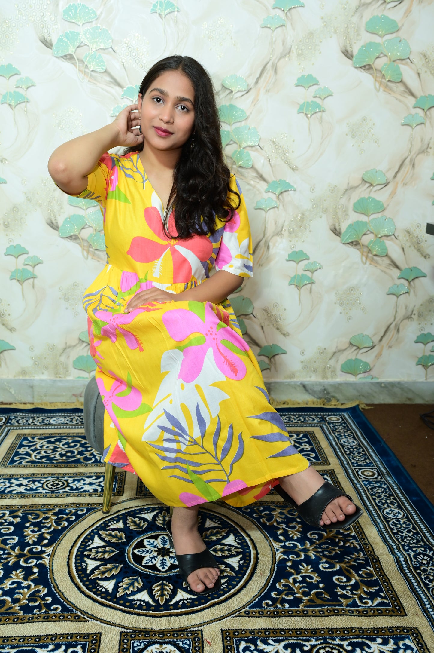 Yellow & Pink Tropical Floral Print Rayon Flared Midi Dress