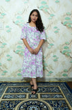 White & Purple Floral Print Rayon Tiered Midi Dress