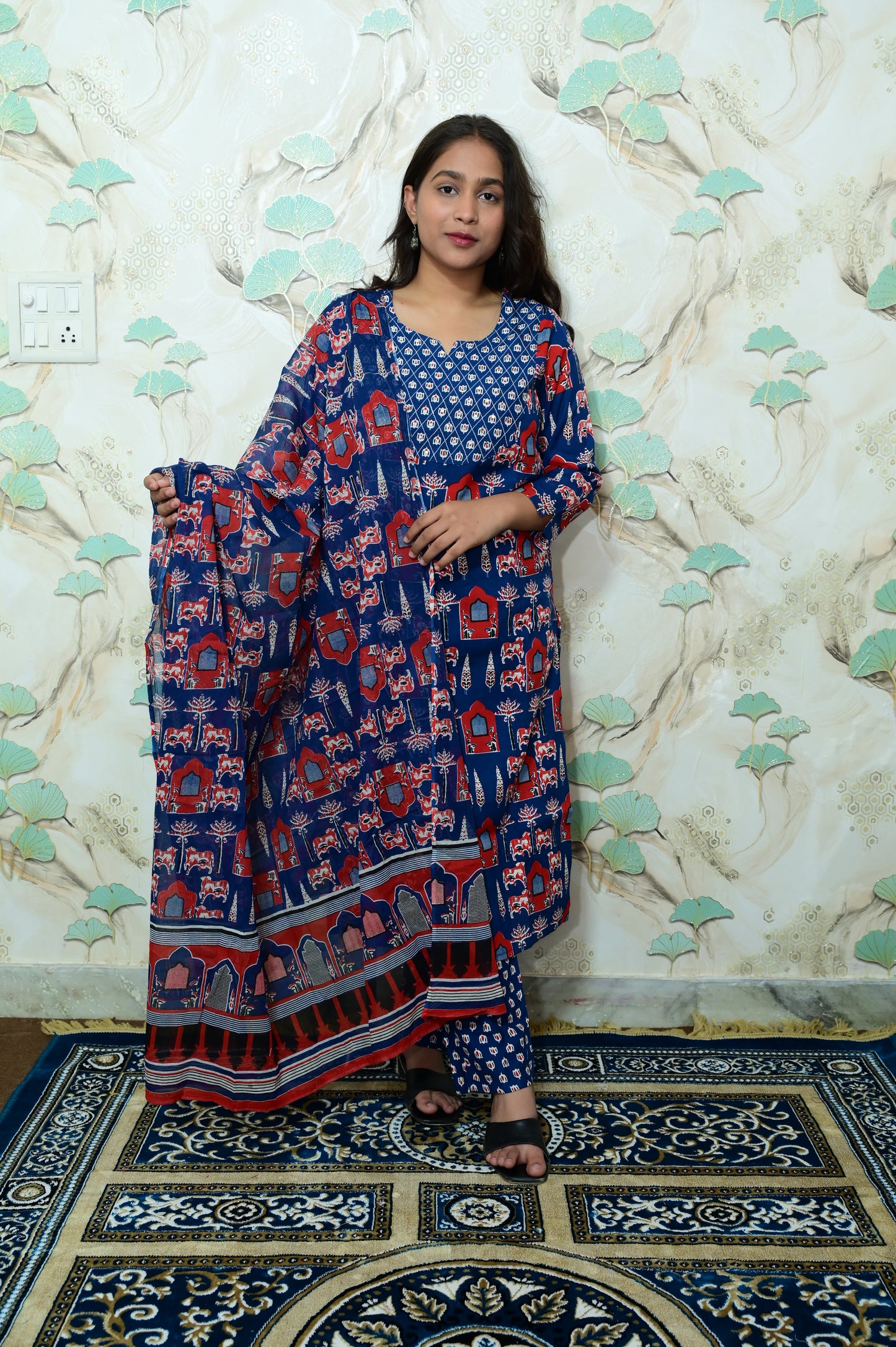 Royal Blue Pichwai Print Rayon Ethnic Set with Dupatta
