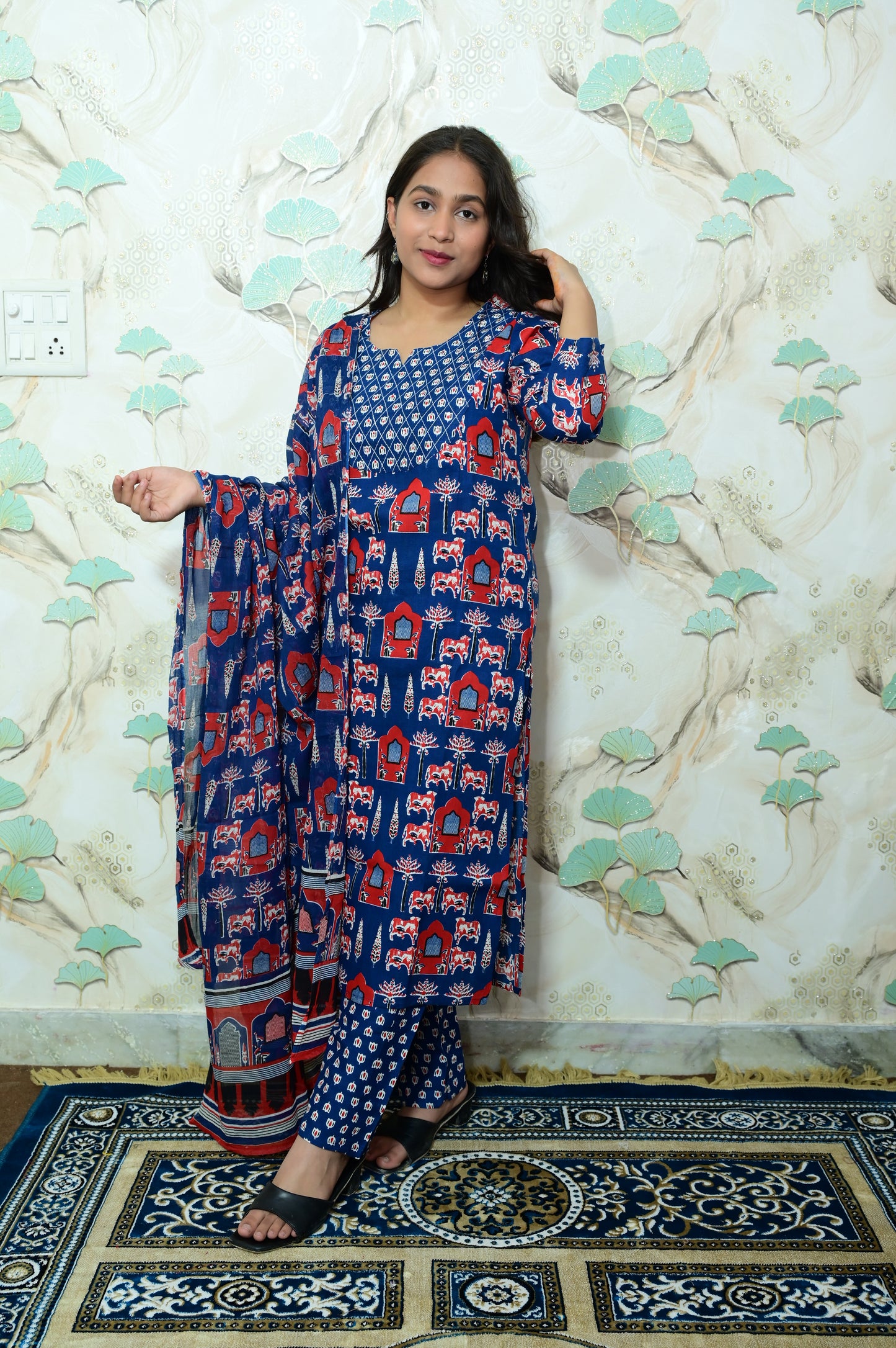 Royal Blue Pichwai Print Rayon Ethnic Set with Dupatta