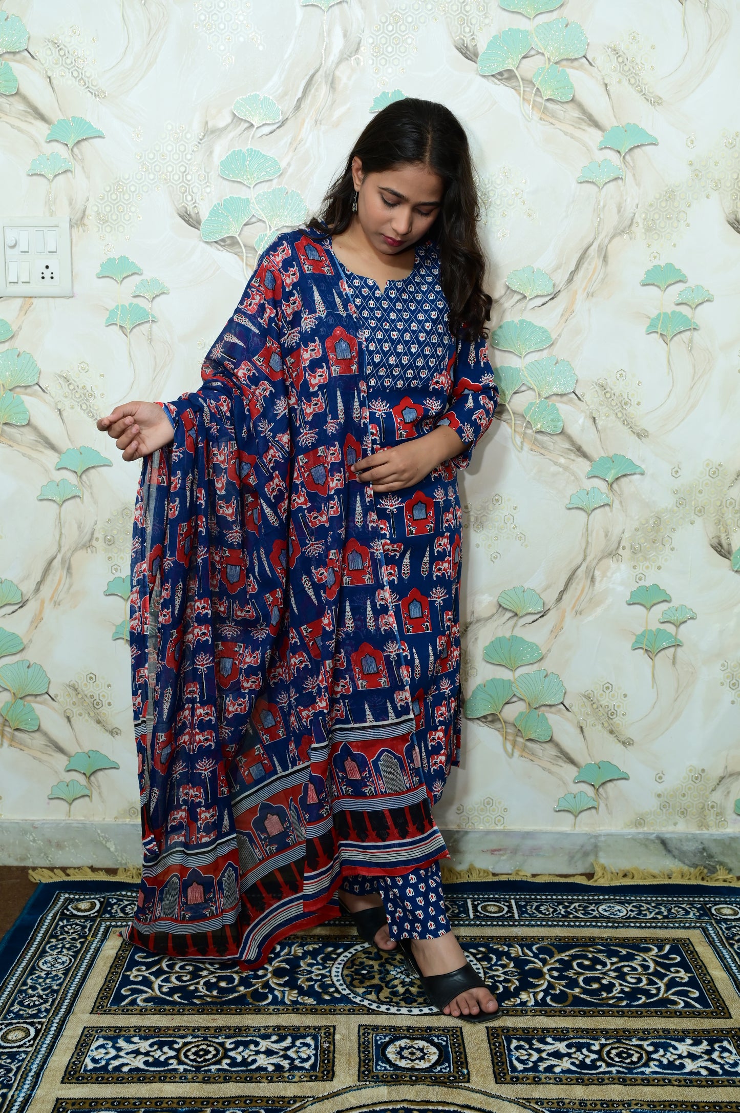 Royal Blue Pichwai Print Rayon Ethnic Set with Dupatta