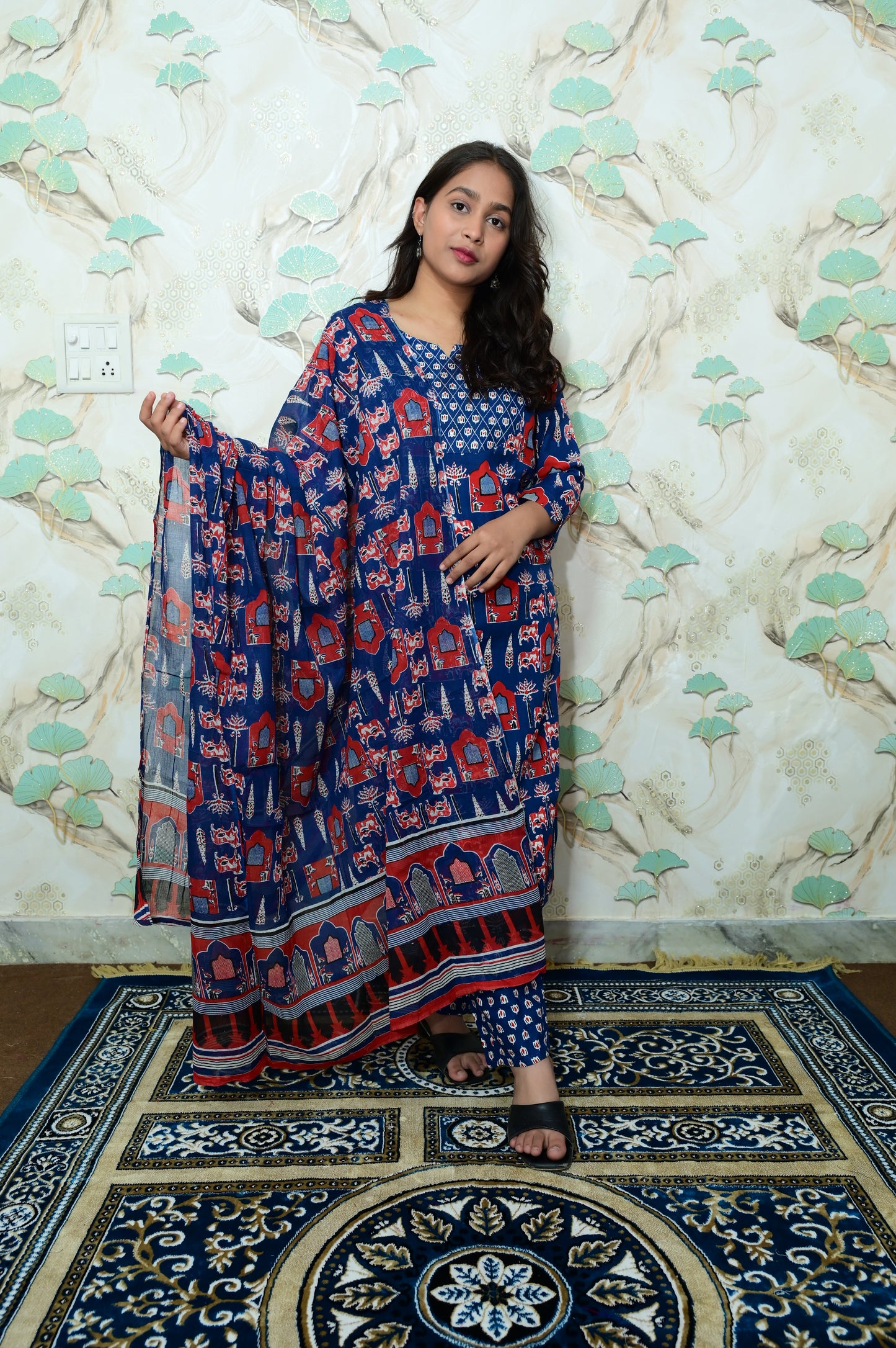 Royal Blue Pichwai Print Rayon Ethnic Set with Dupatta