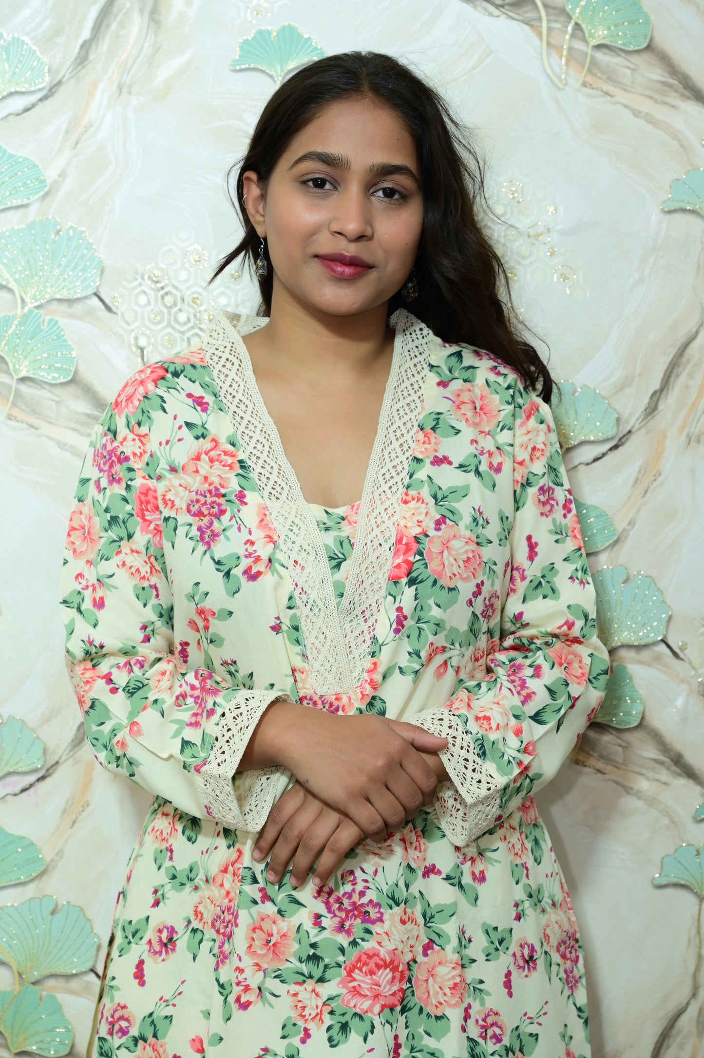 Cream & Pink Floral Print Rayon Co-Ord Set with Lace Detailing