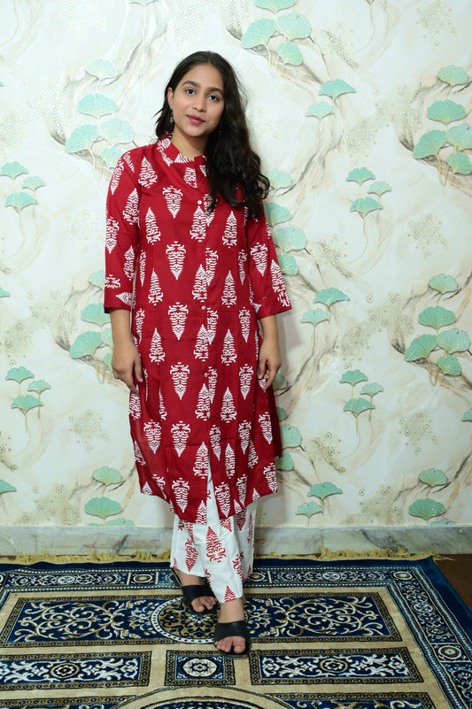 Maroon & White Tree Print Rayon Co-ord Set