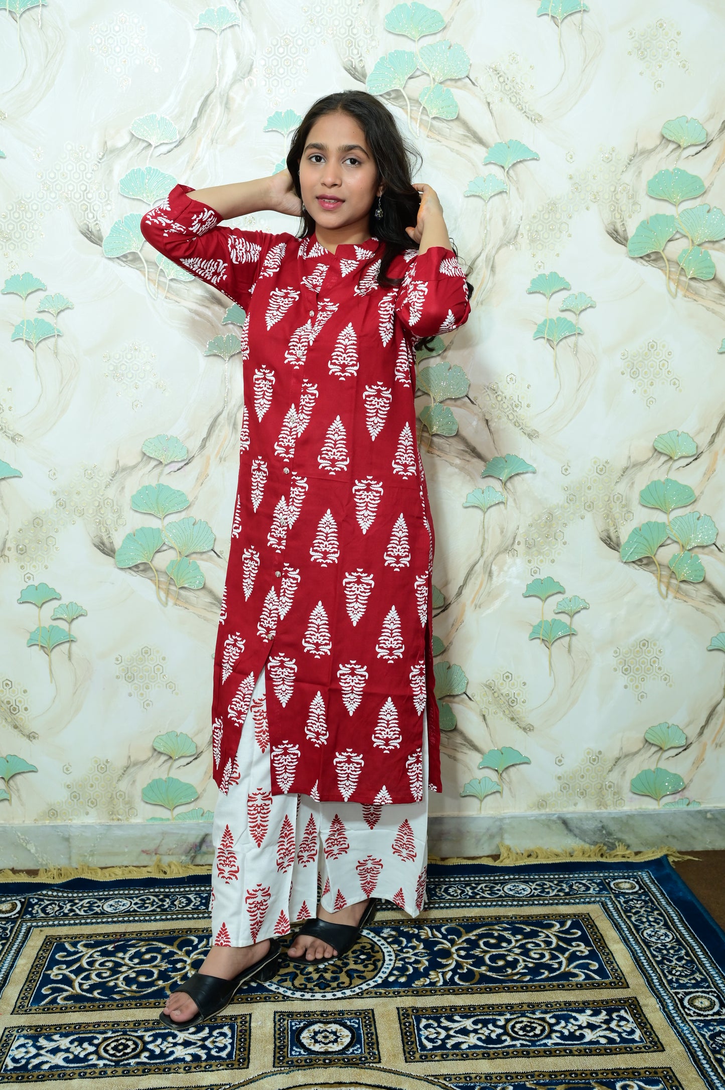 Maroon & White Tree Print Rayon Co-ord Set