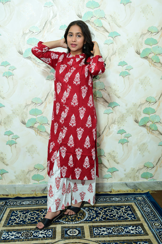 Maroon & White Tree Print Rayon Co-ord Set
