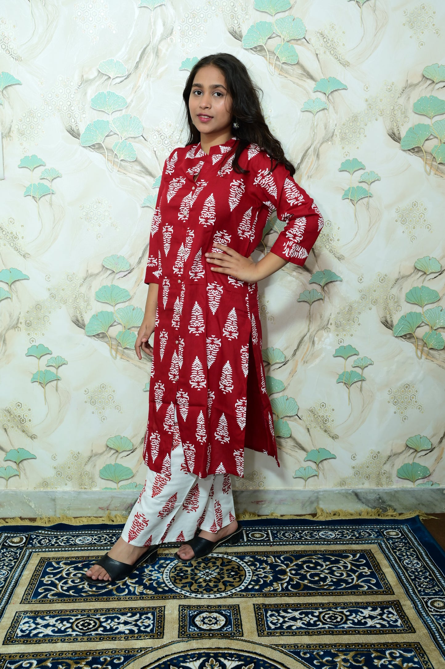 Maroon & White Tree Print Rayon Co-ord Set