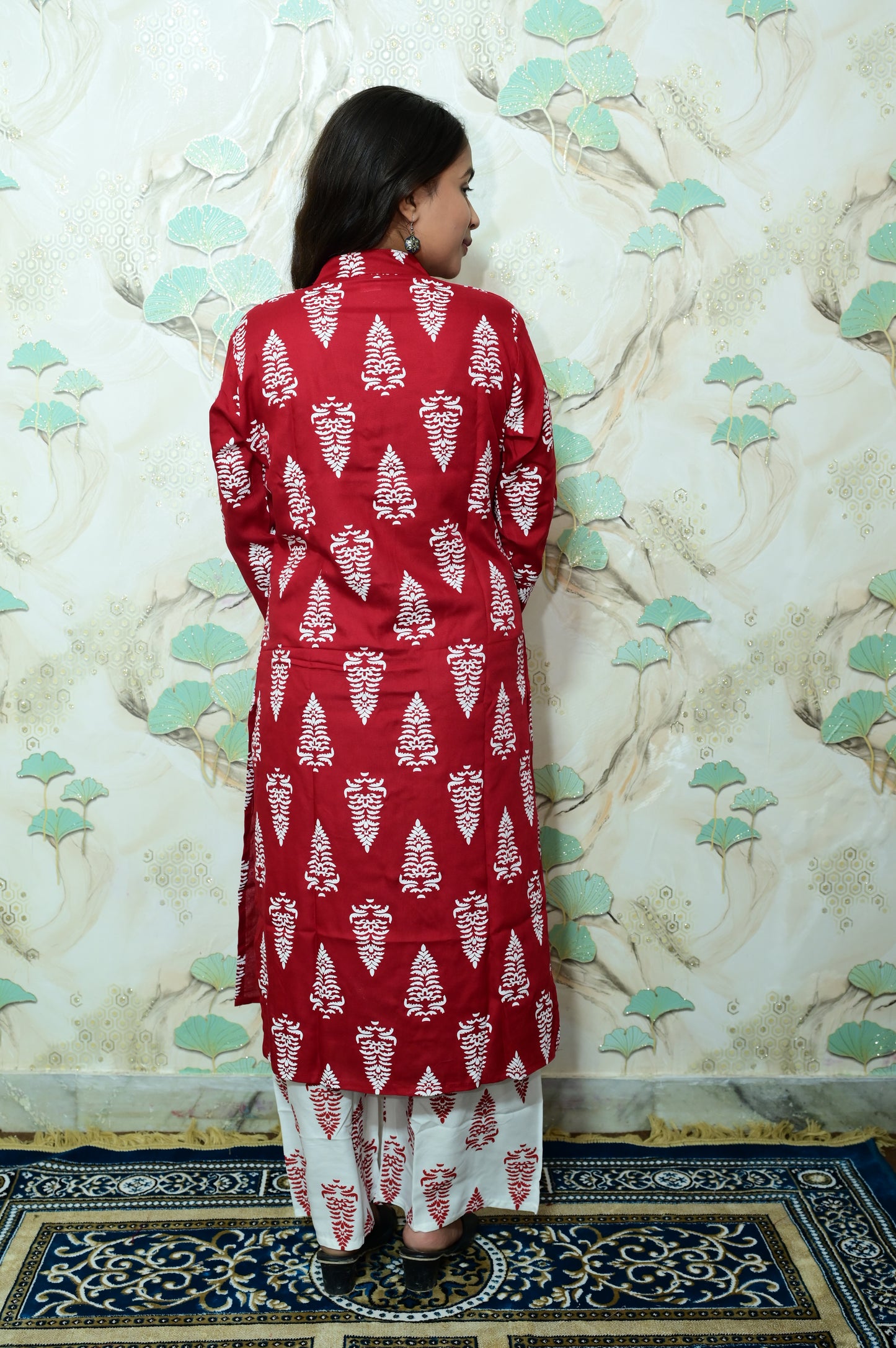 Maroon & White Tree Print Rayon Co-ord Set