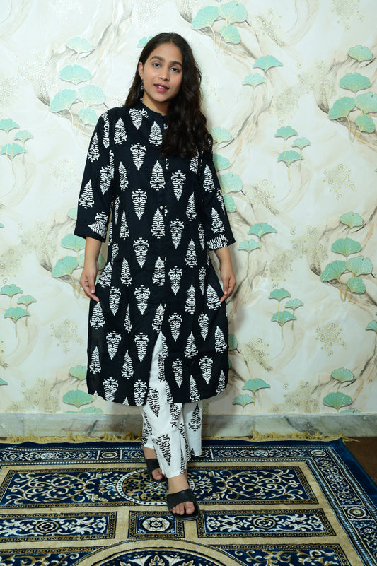Black & White Tree Block Print Rayon Co-ord Set