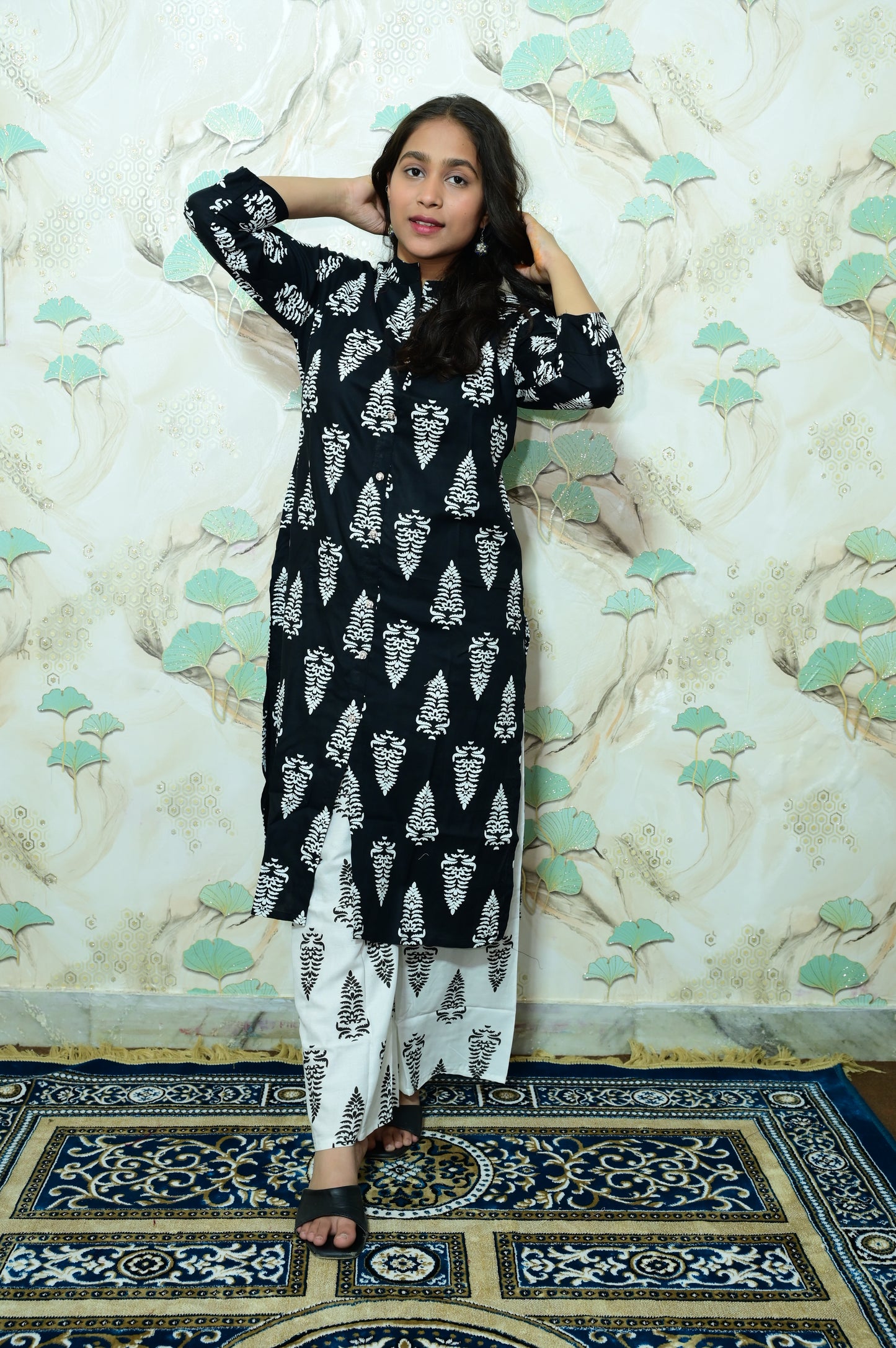 Black & White Tree Block Print Rayon Co-ord Set