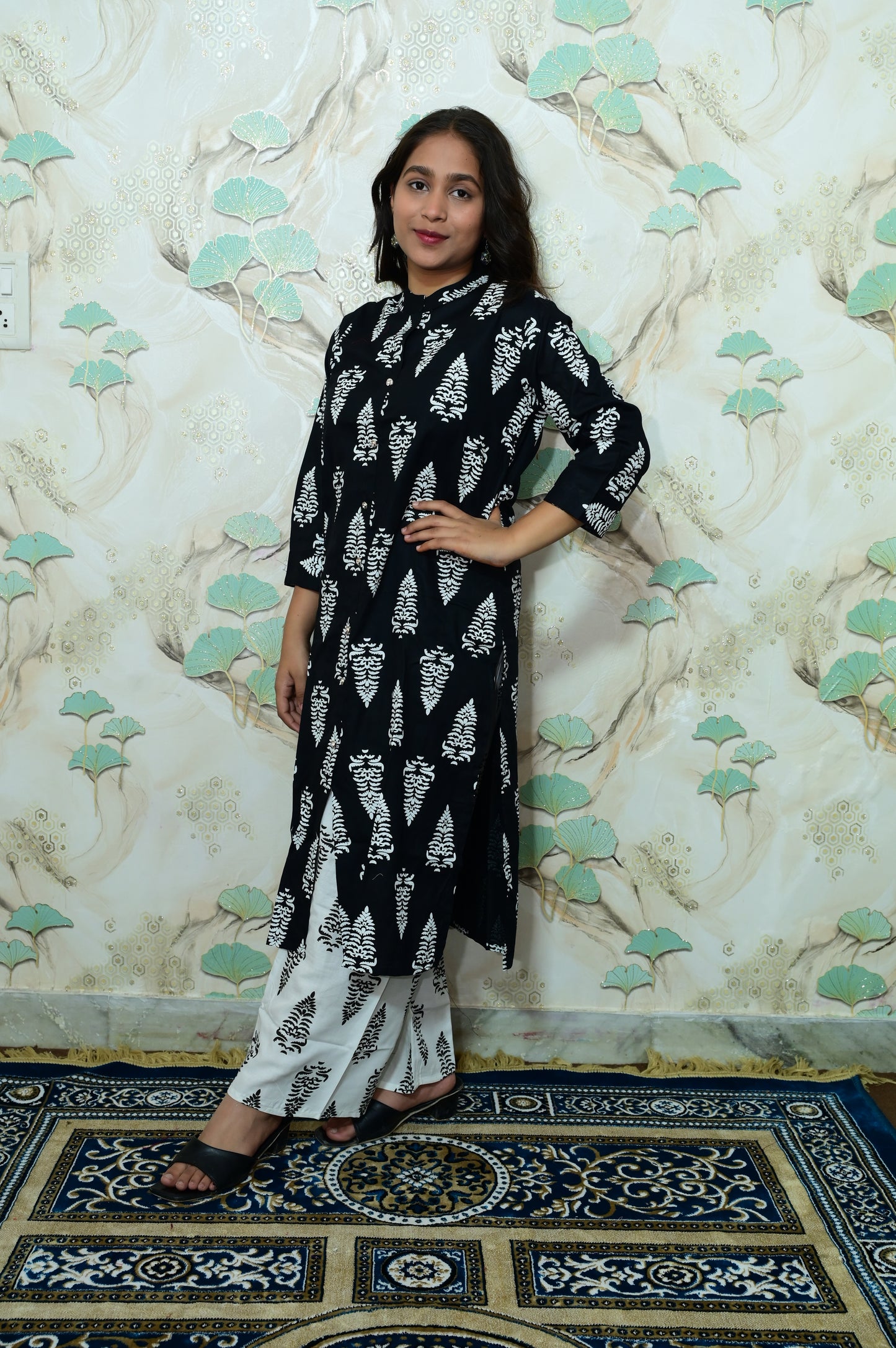 Black & White Tree Block Print Rayon Co-ord Set