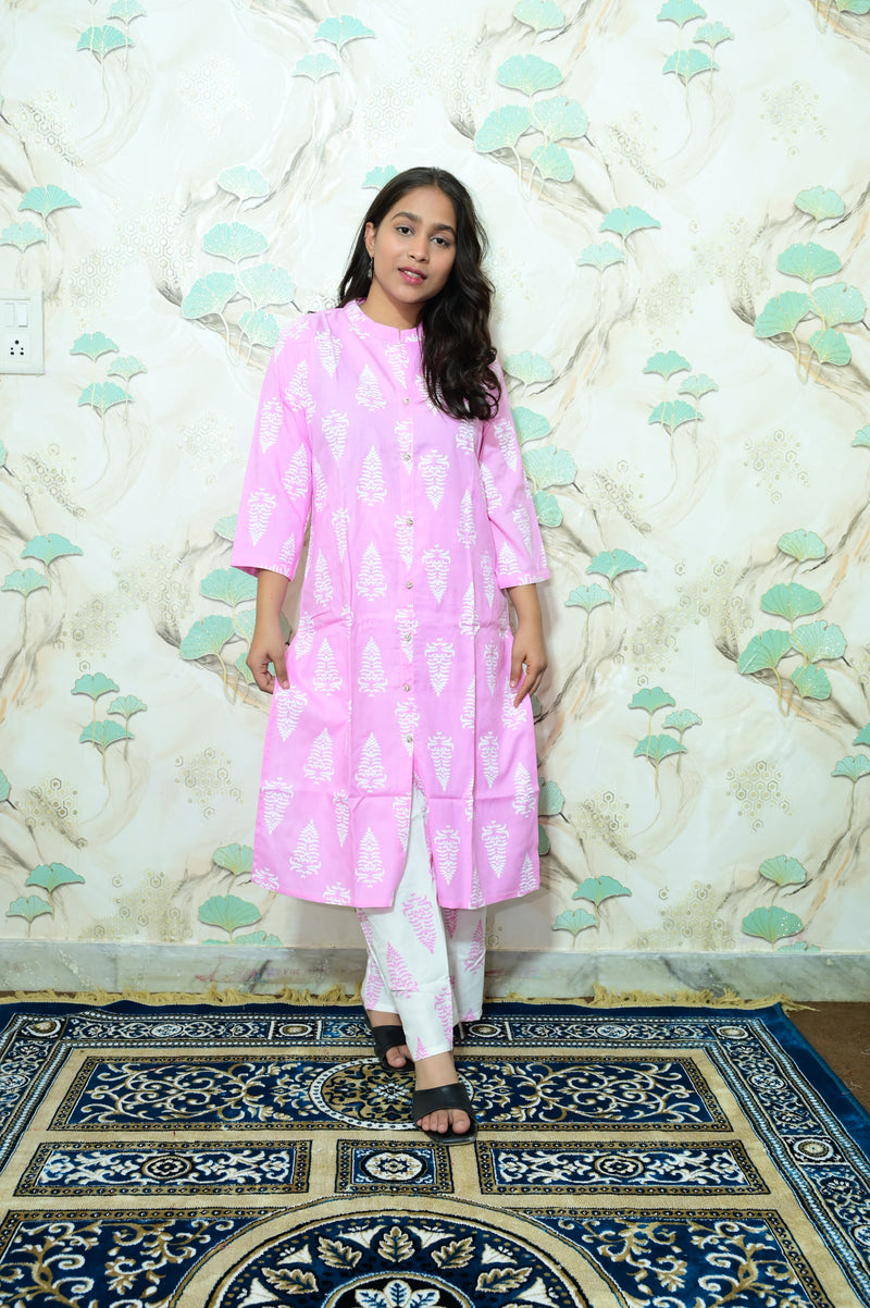 Pink & White Tree Block Print Rayon Co-ord Set