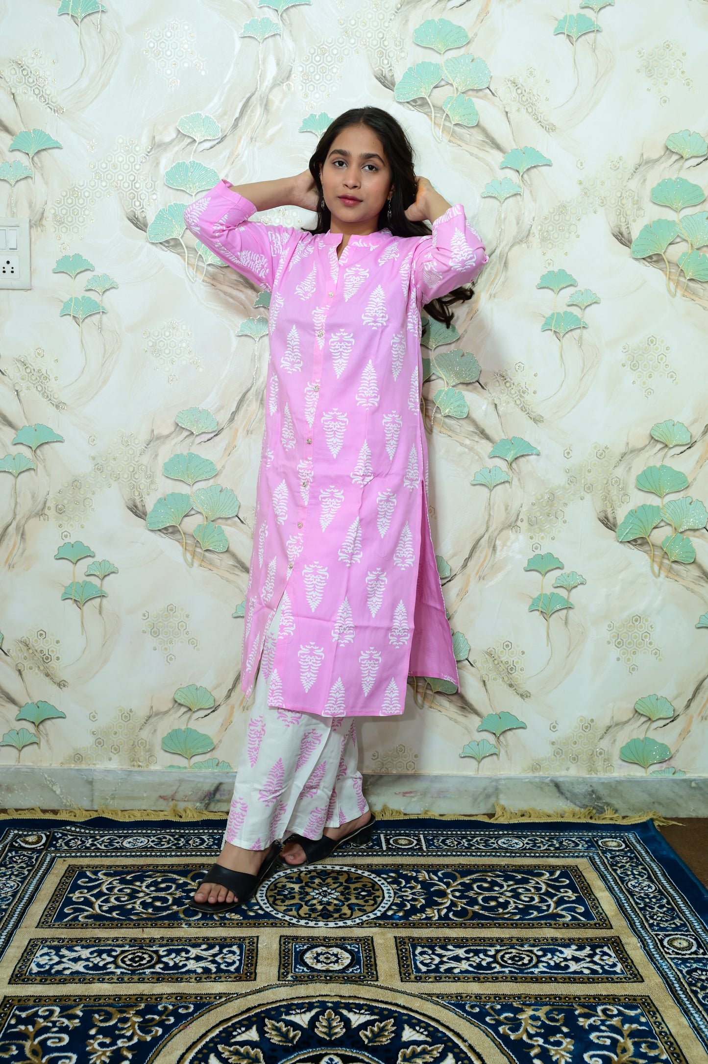 Pink & White Tree Block Print Rayon Co-ord Set