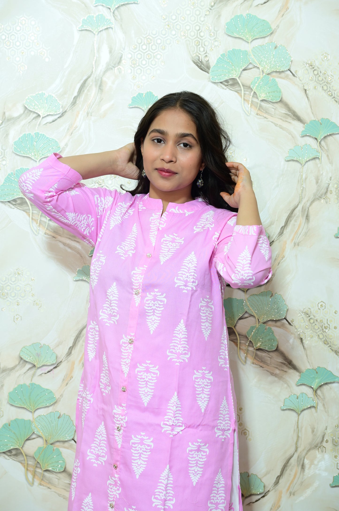 Pink & White Tree Block Print Rayon Co-ord Set