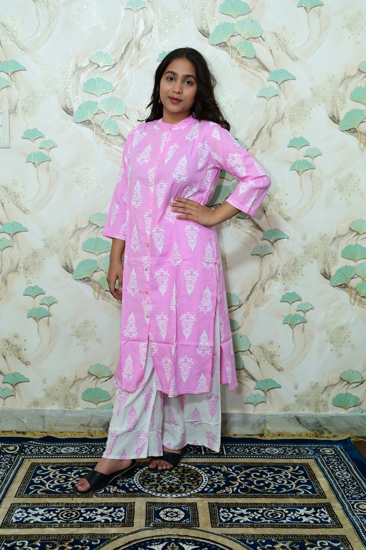 Pink & White Tree Block Print Rayon Co-ord Set