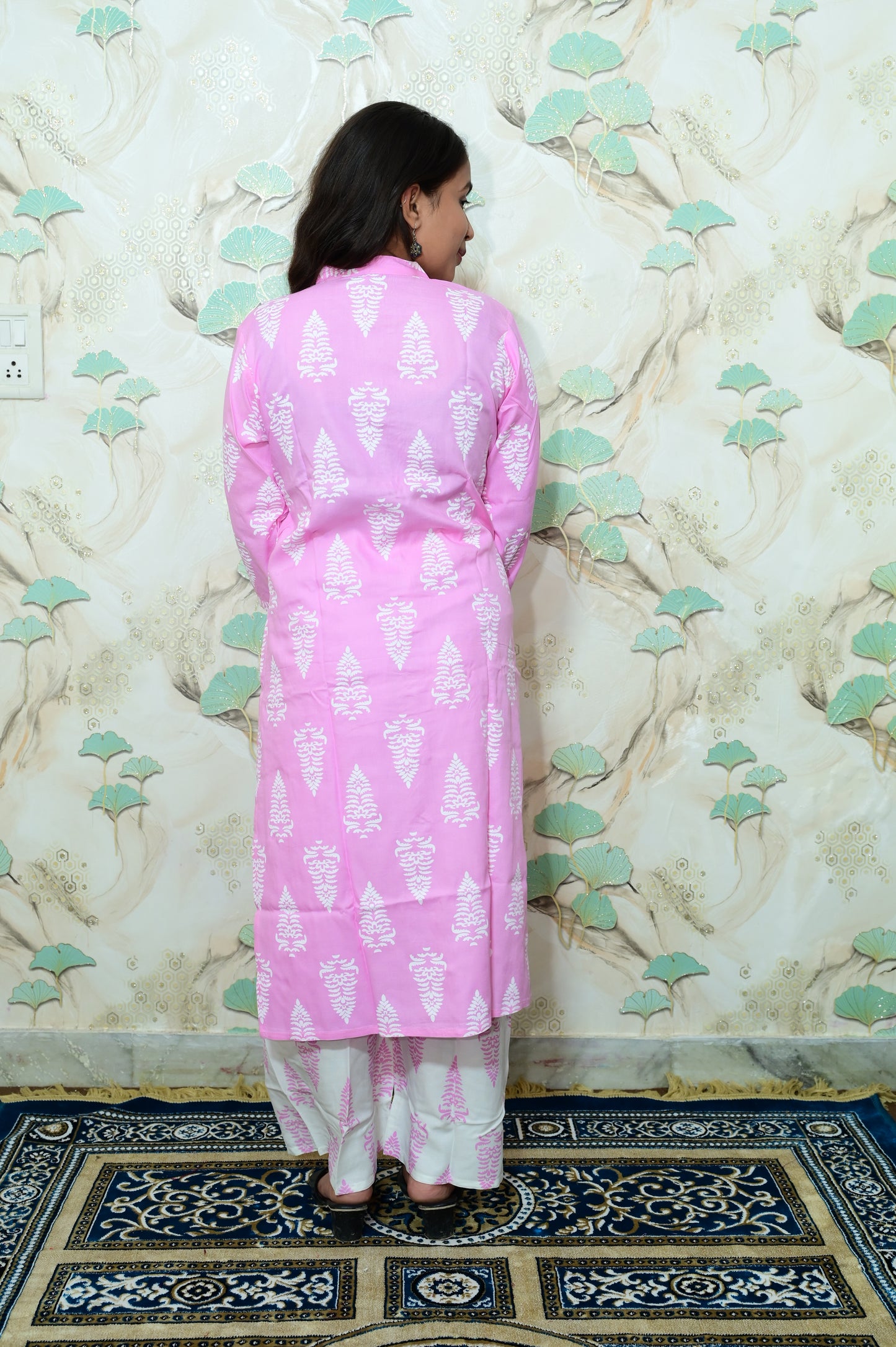 Pink & White Tree Block Print Rayon Co-ord Set