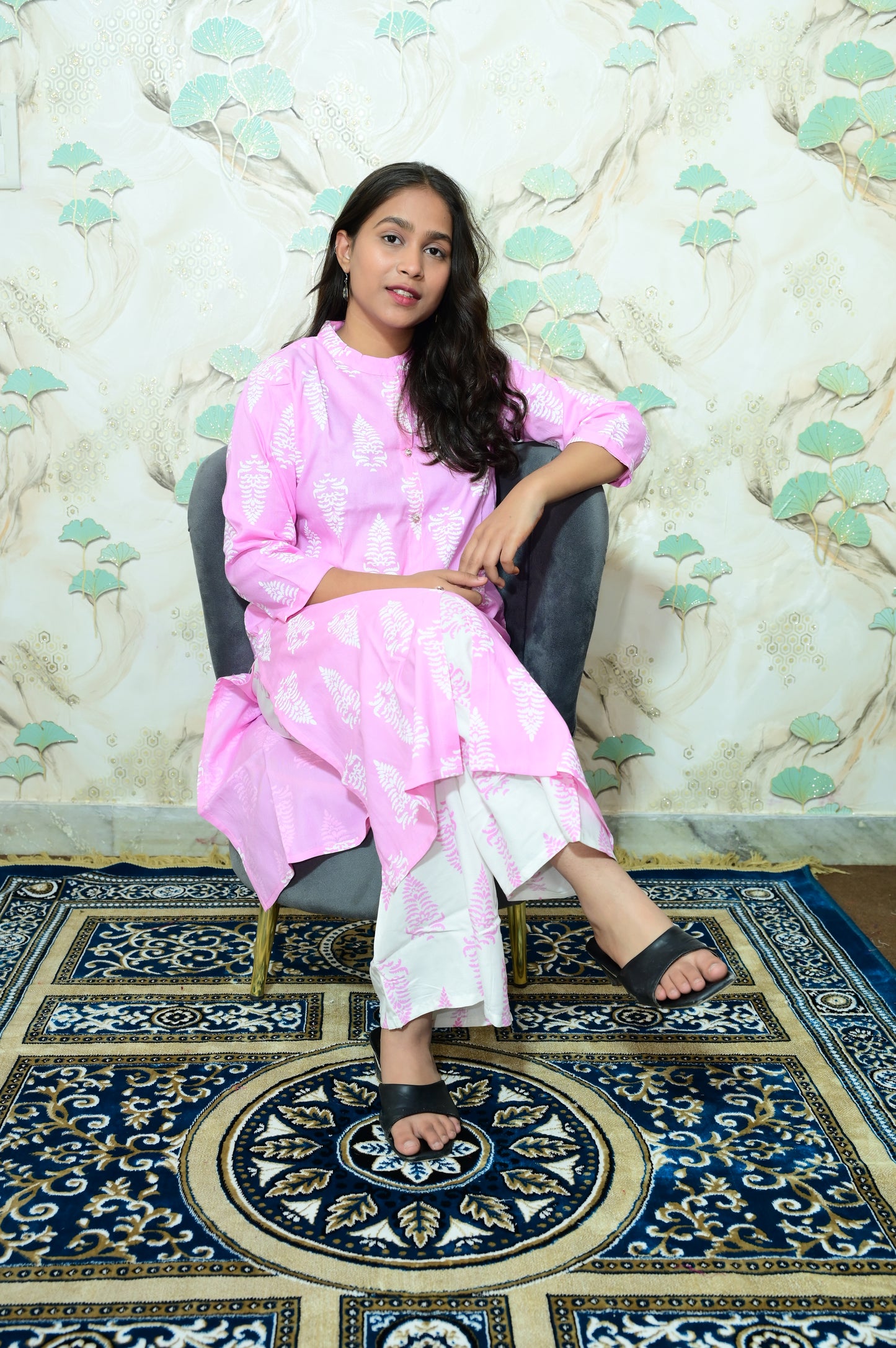 Pink & White Tree Block Print Rayon Co-ord Set
