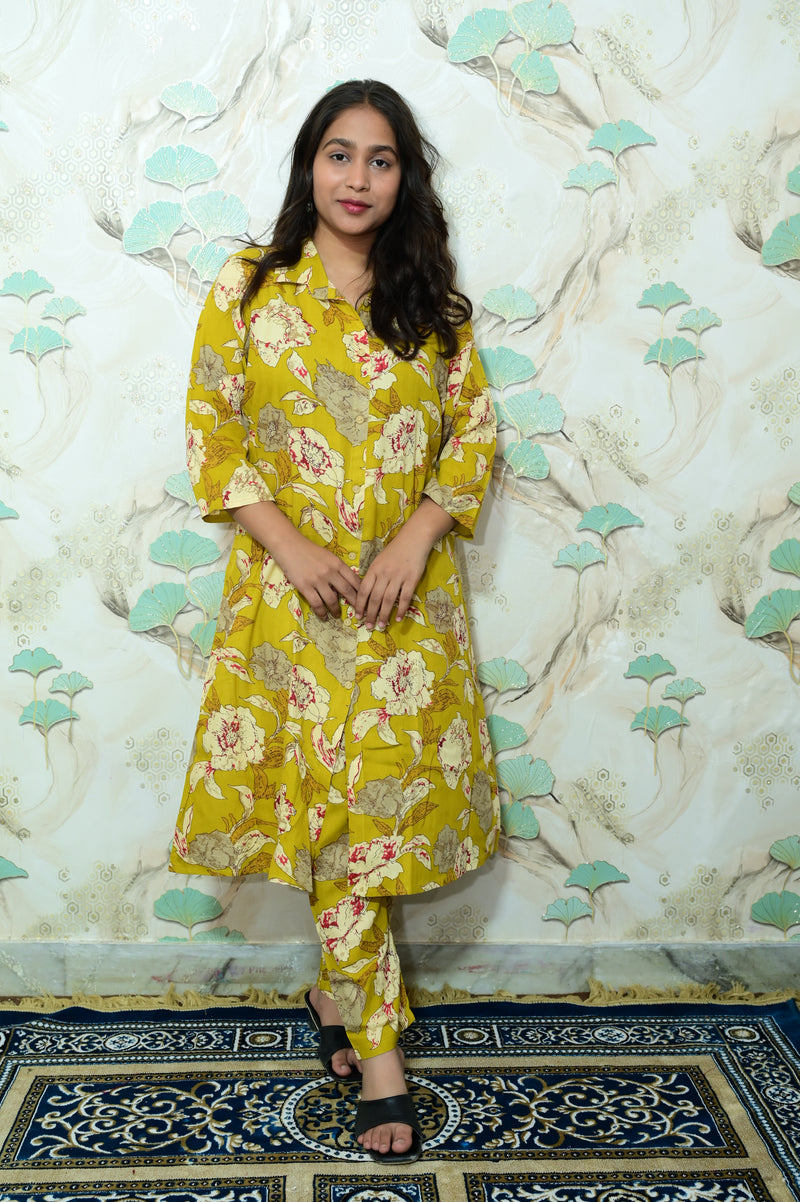 Mustard Yellow Floral Print Rayon Co-ord Set