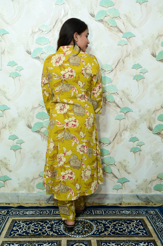 Mustard Yellow Floral Print Rayon Co-ord Set