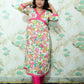 White & Pink Floral Print Rayon Kurta Set with Solid Pink Pants