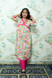 White & Pink Floral Print Rayon Kurta Set with Solid Pink Pants