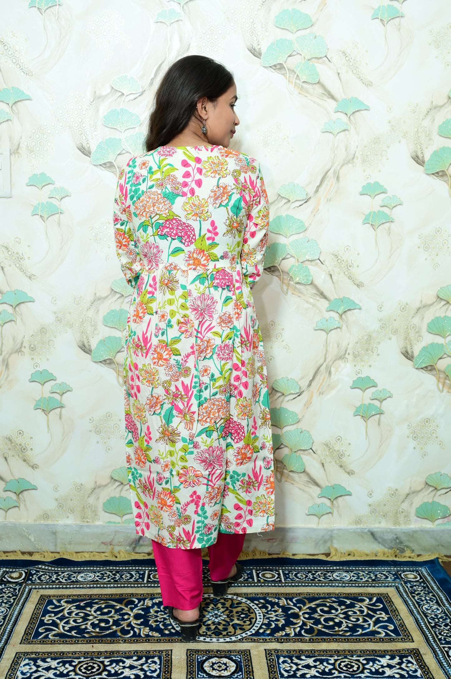 White & Pink Floral Print Rayon Kurta Set with Solid Pink Pants
