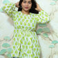 Lime Green & White Block Print Rayon Peplum Short Kurti