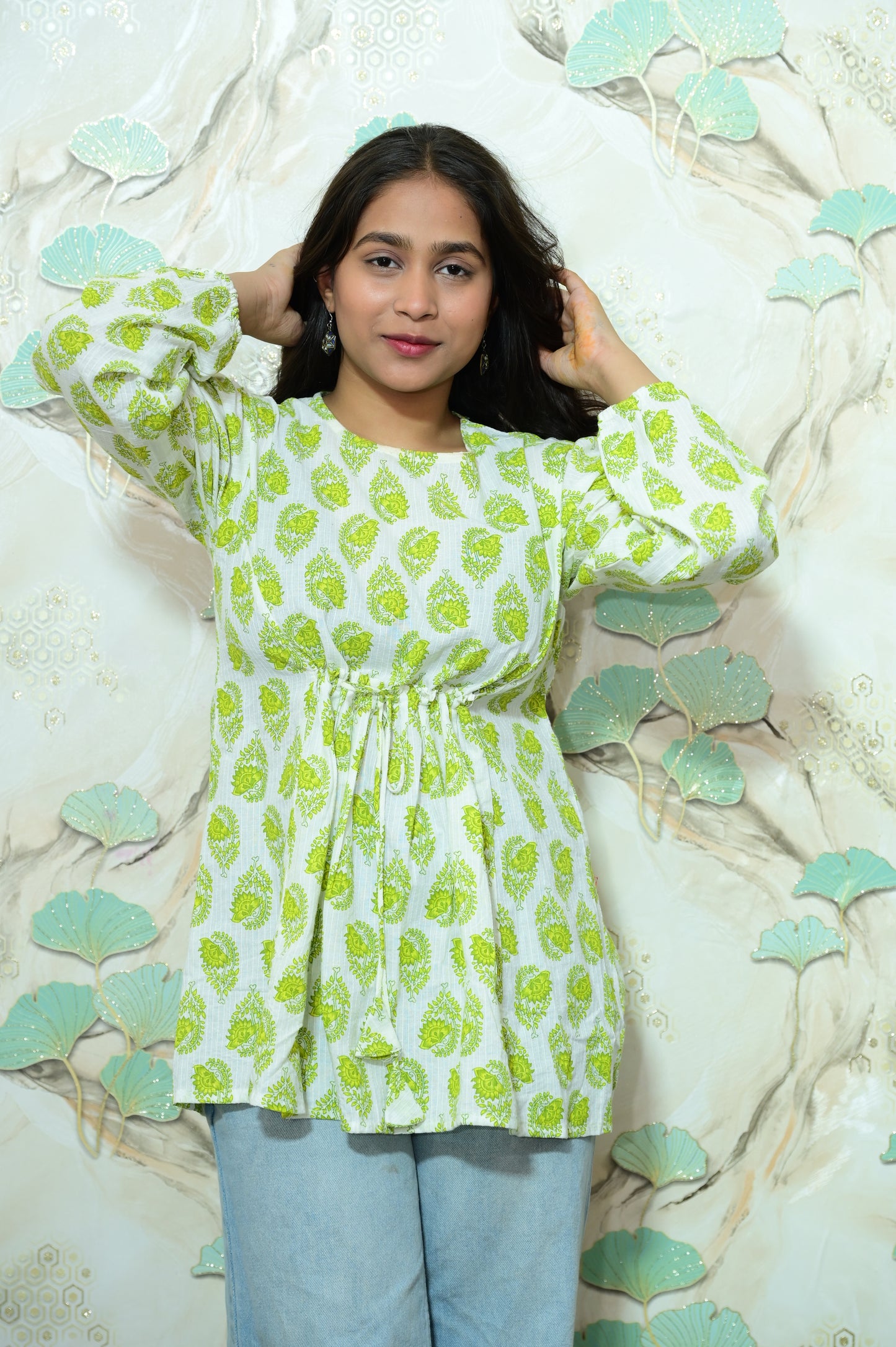 Lime Green & White Block Print Rayon Peplum Short Kurti