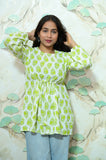 Lime Green & White Block Print Rayon Peplum Short Kurti