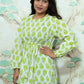 Lime Green & White Block Print Rayon Peplum Short Kurti