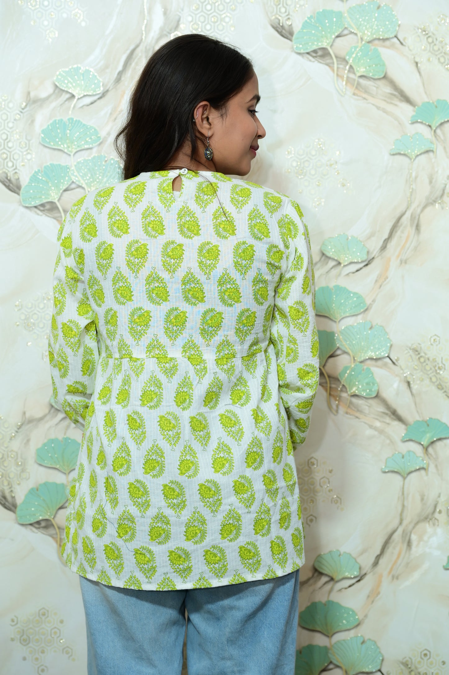 Lime Green & White Block Print Rayon Peplum Short Kurti
